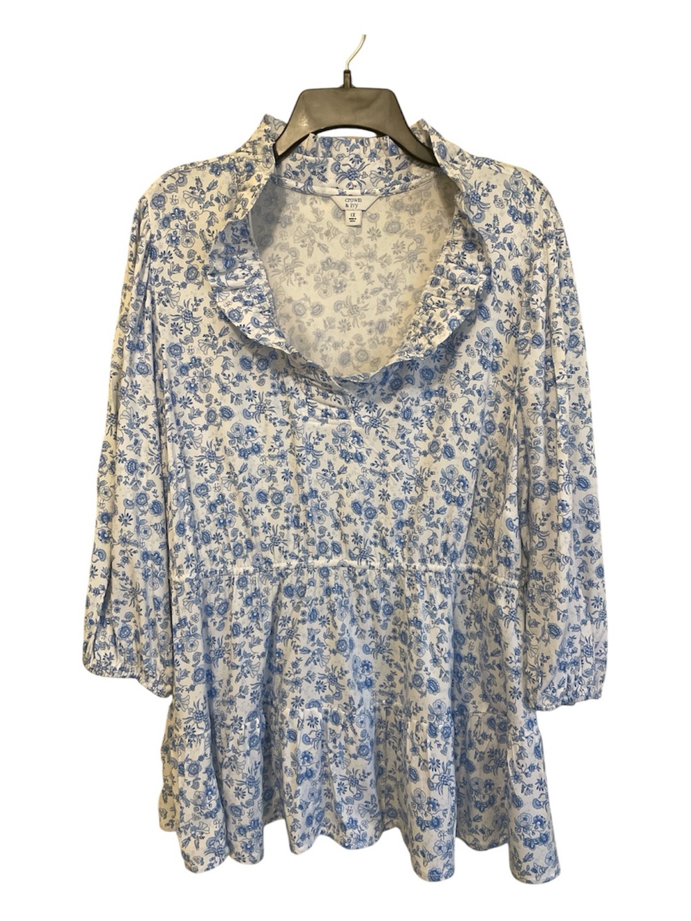 crown & ivy White Tunic with Blue Floral Ruffle V-Neck